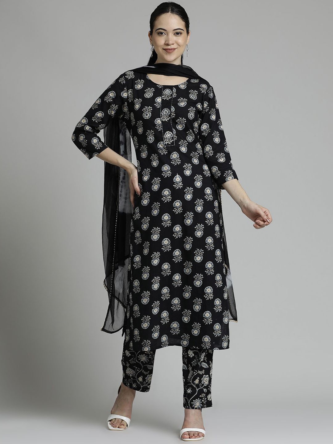 

Jaipur Kurti Ethnic Printed Cotton Kurta Set With Dupatta, Black