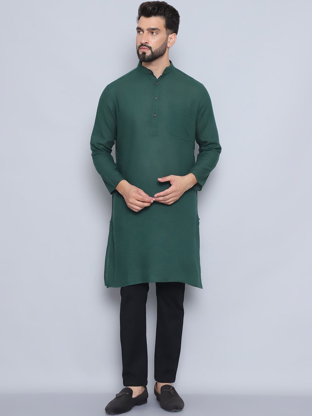 

even Mandarin Collar Pure Cotton Straight Kurta, Green