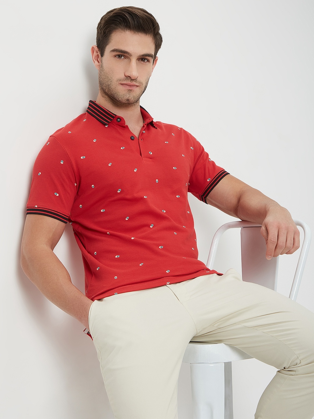 

Mufti Geometric Printed Polo Collar Slim Fit Pure Cotton T-shirt, Red