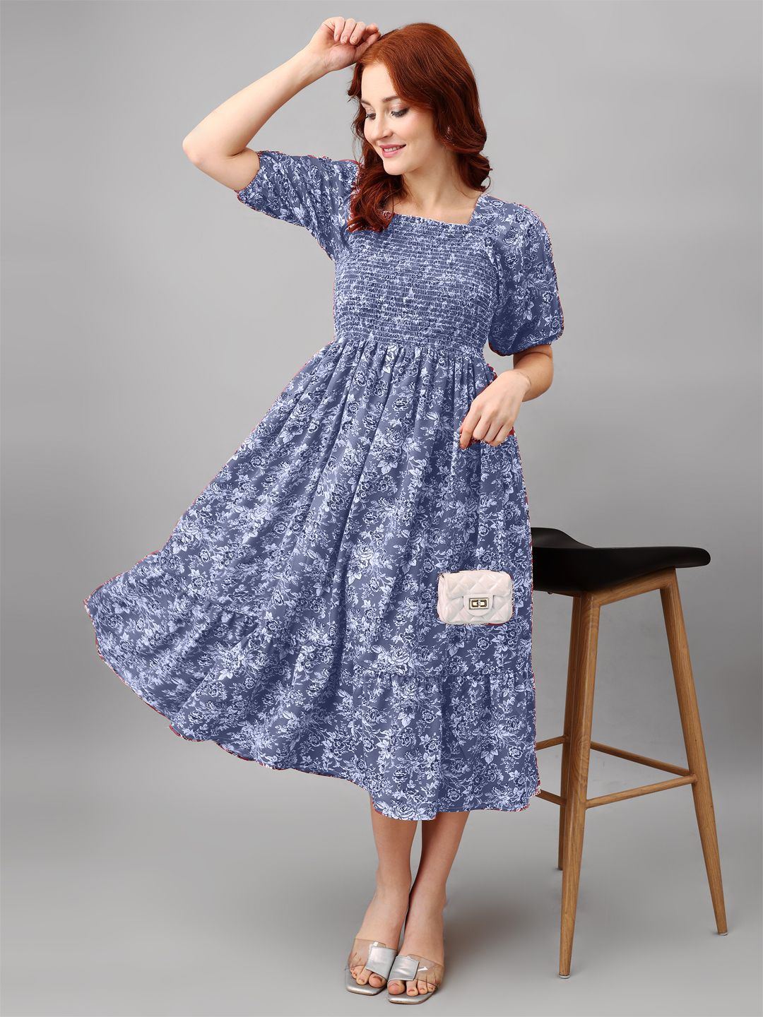 

Femvy Floral Printed Puff Sleeve Smocked Midi Dress, Blue