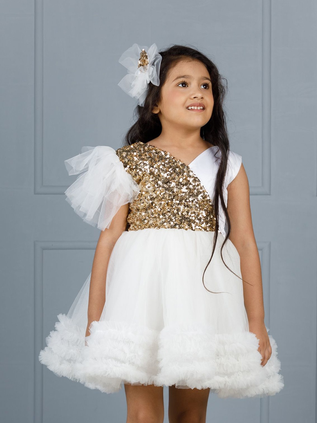 

The Lush Affair Girls Sequined Net A-Line Dress, White