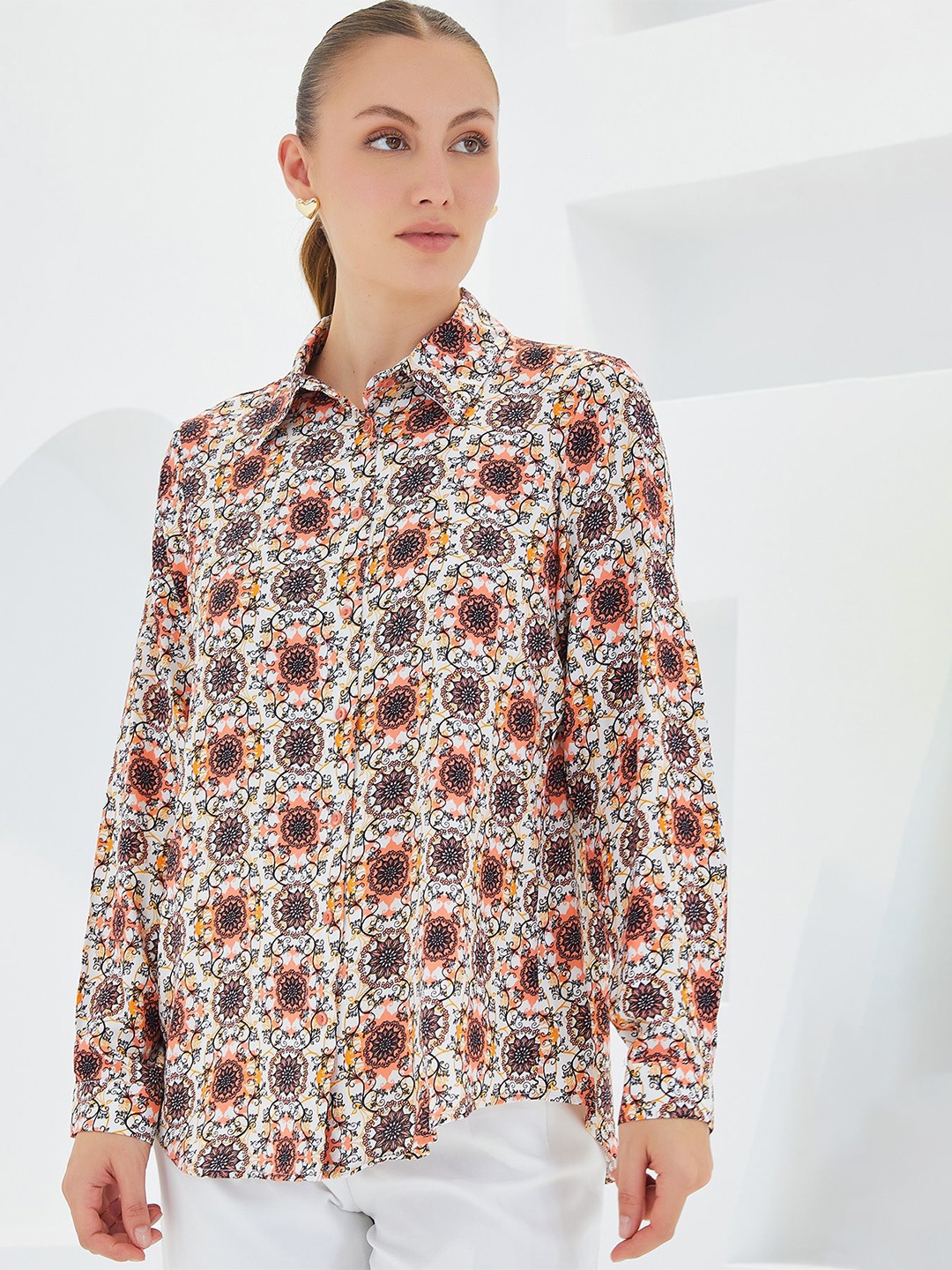 

BIGDART Women Spread Collar Conversational Printed Casual Shirt, White