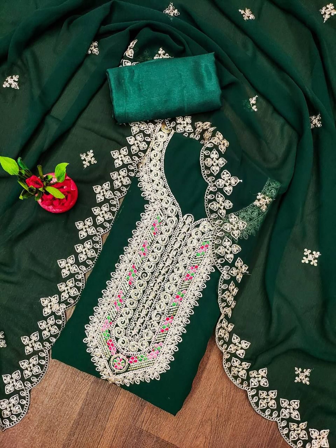 

KRITVA FASHION Floral Embroidered Semi-Stitched Dress Material, Green