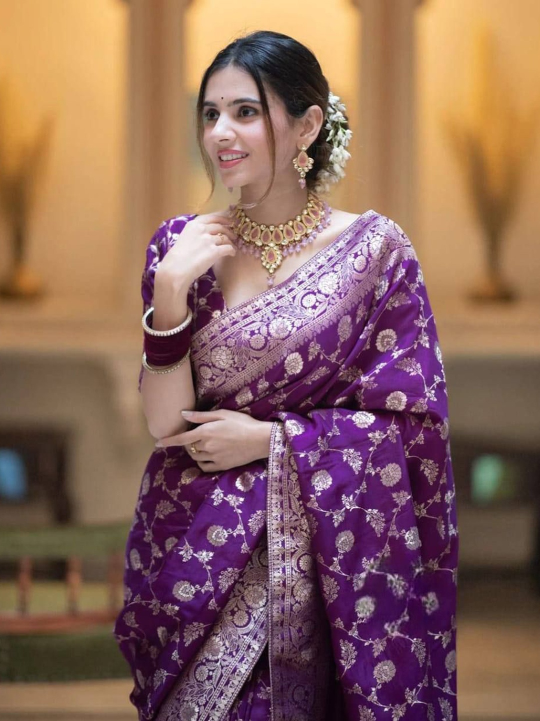 

Mitera Woven Design Zari Silk Blend Saree, Purple