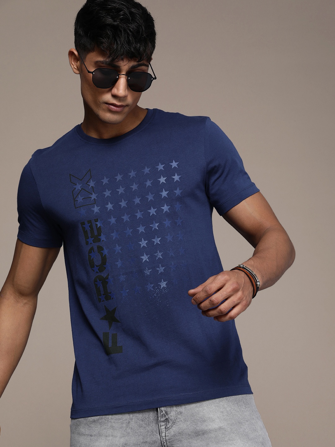 

FORCE IX Men Geometric Printed Pure Cotton T-shirt, Blue