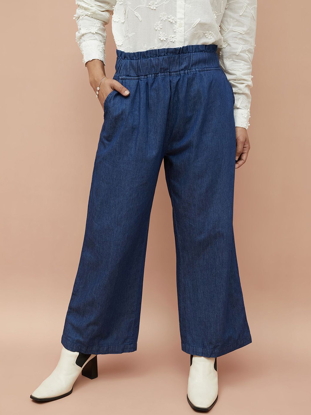 

Colour Me by Melange Women Cotton Wide Leg Trousers, Blue