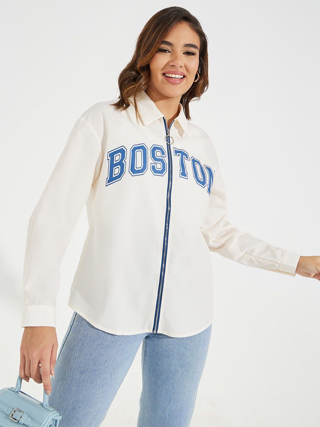 

Styli Women Boston Print Oversized Zip-Up Longline Shirt, Off white
