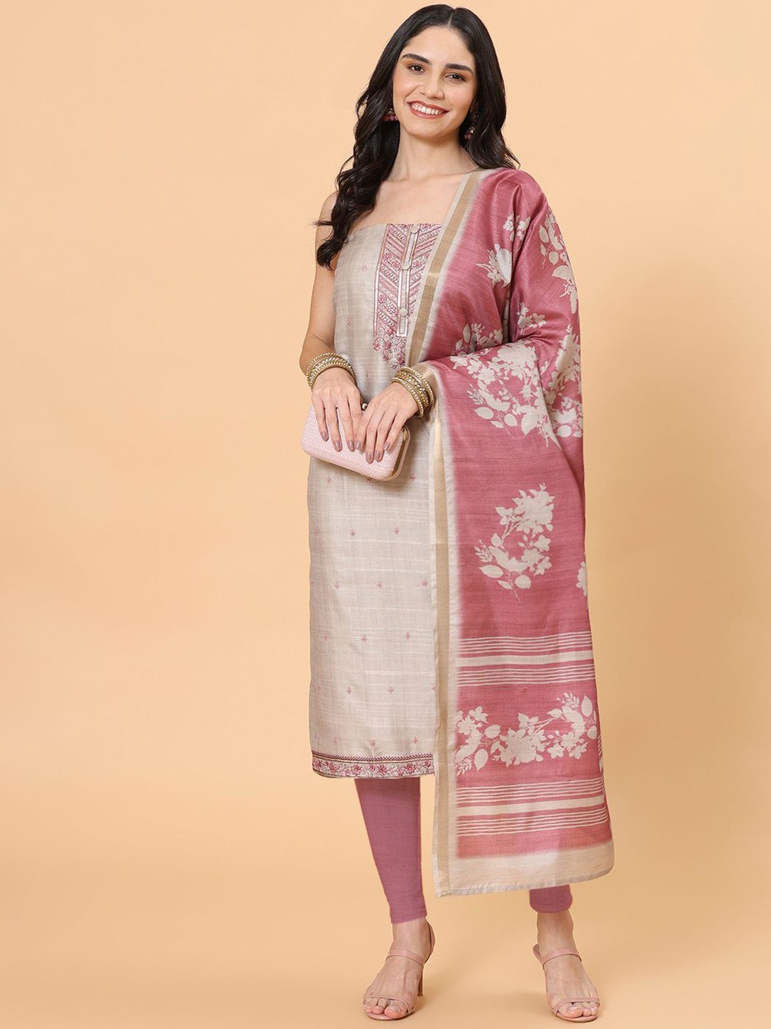 

Meena Bazaar Floral Embroidered Unstitched Dress Material, Beige