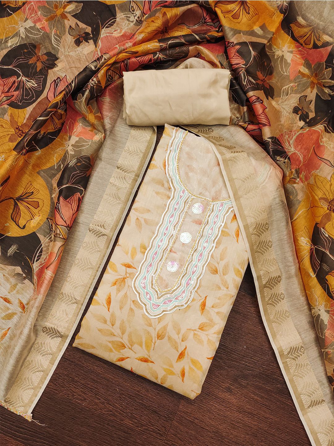 

Lilots Printed Beads and Stones Unstitched Dress Material, Beige