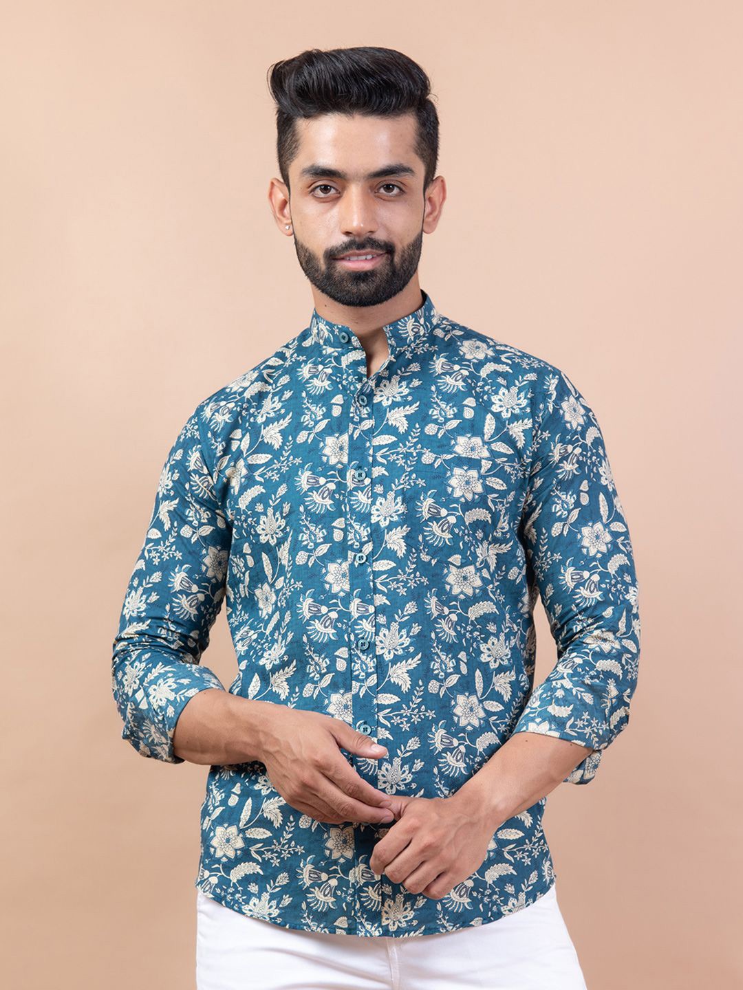 

Tistabene Men Standard Band Collar Floral Printed Cotton Casual Shirt, Teal