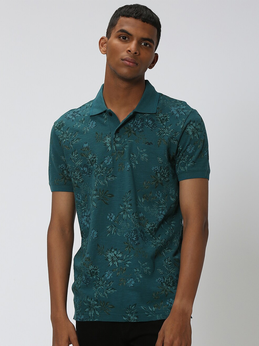 

MuftiFloral Printed Polo Collar Pure Cotton Slim Fit T-shirt, Teal