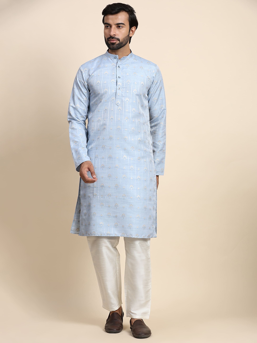 

Rawayi Floral Woven Design Mandarin Collar Pure Cotton Jacquard Straight Kurta, Turquoise blue