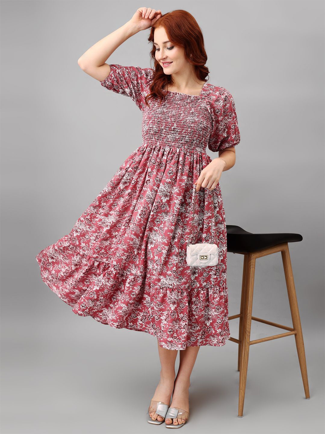 

Femvy Floral Printed Tiered Fit & Flare Midi Dress, Pink