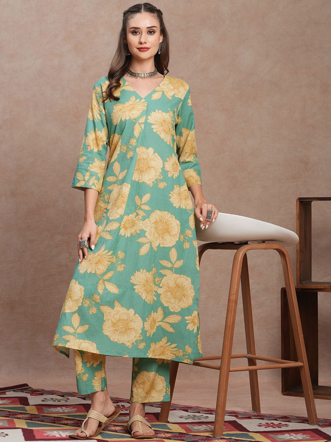 

FASHOR Floral Printed Pure Cotton Tunic With Trouser, Green