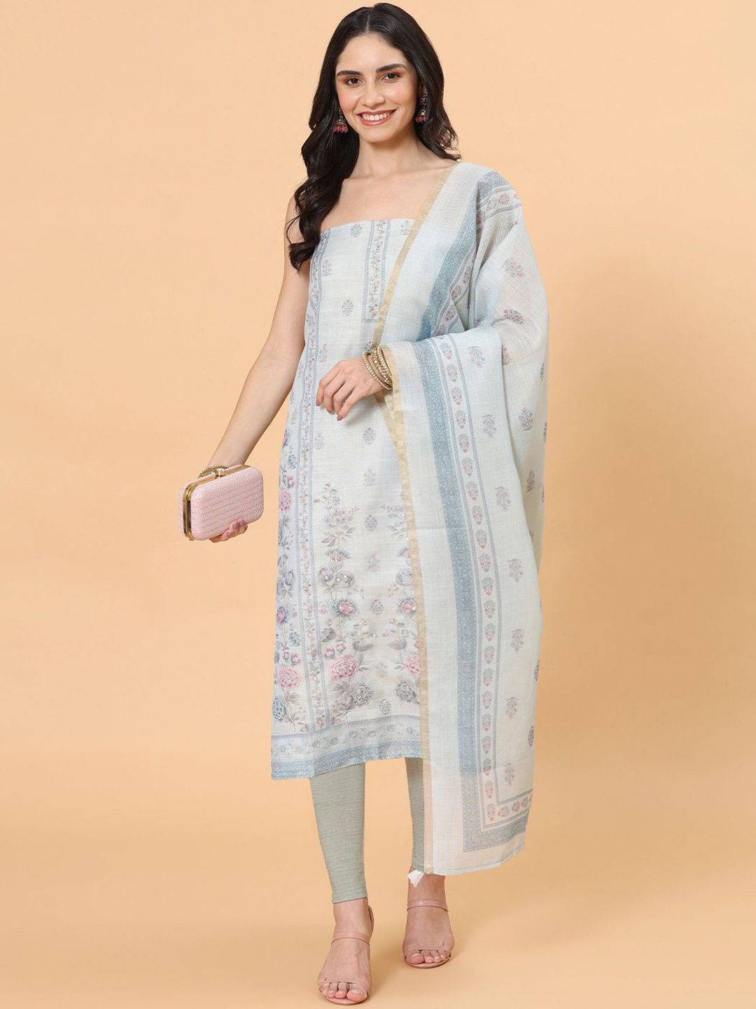 

Meena Bazaar Floral Printed Unstitched Dress Material, Grey