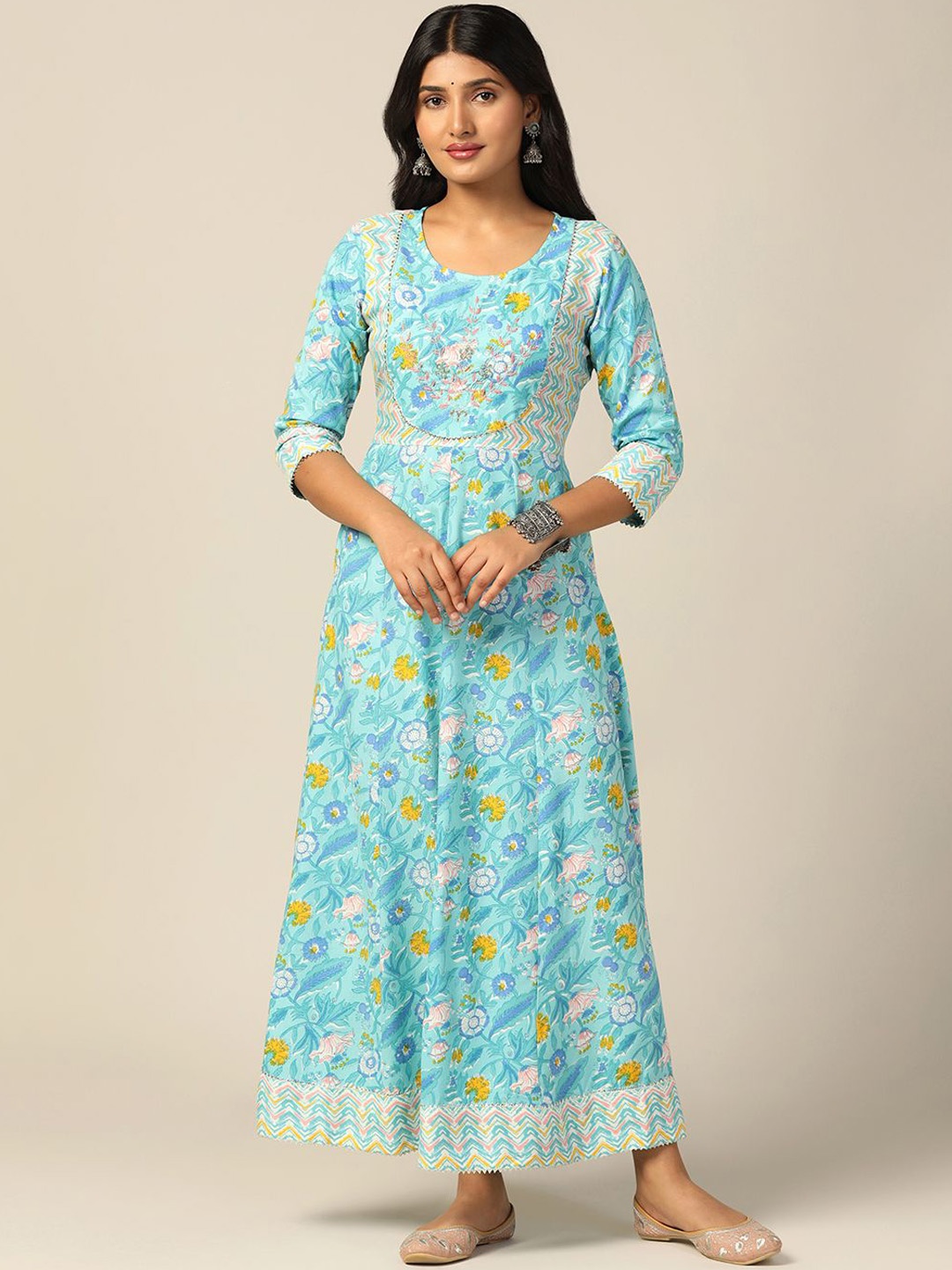 

BAESD Floral Printed Cotton Anarkali Maxi Length Kurta, Sea green
