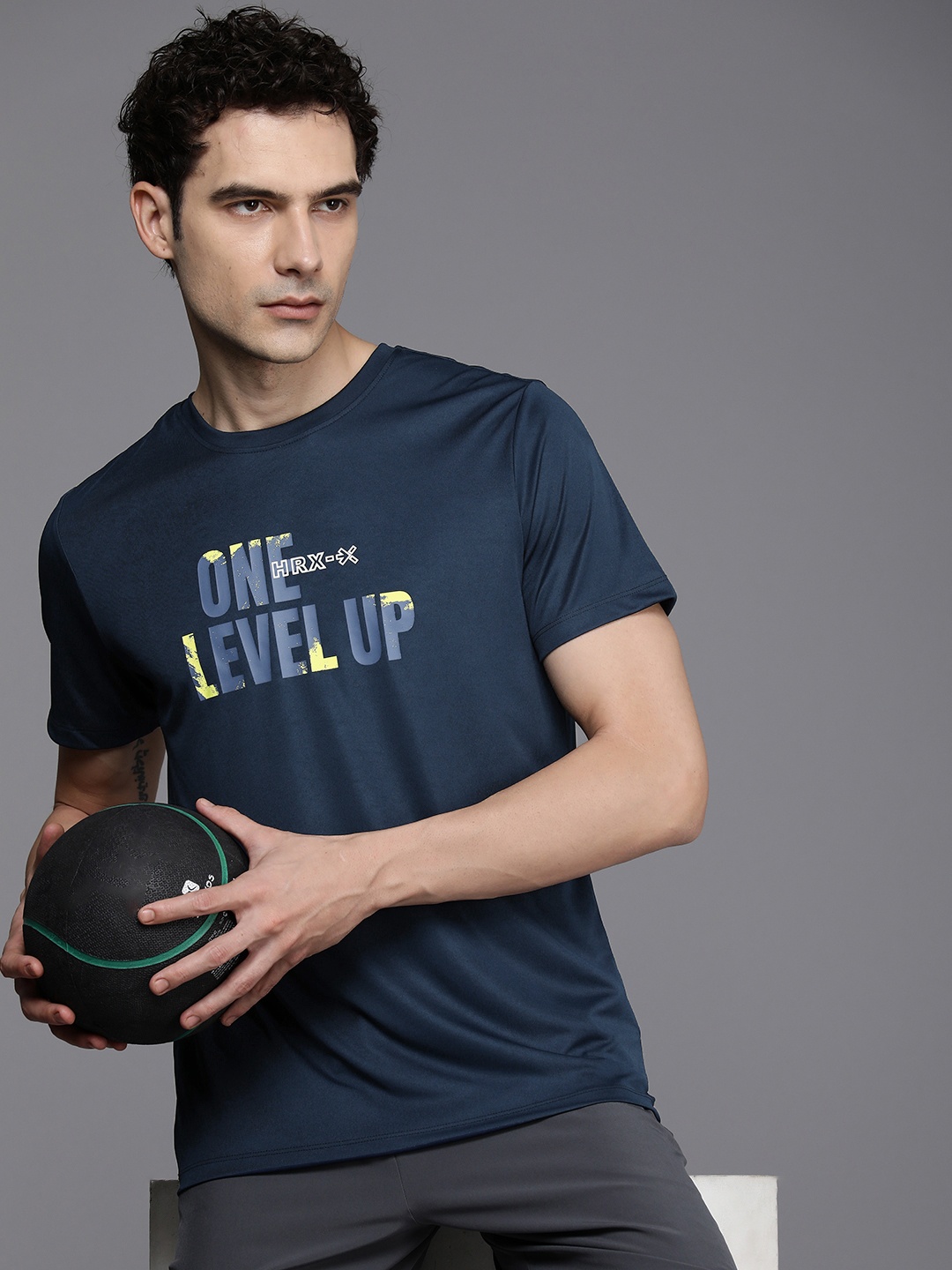 

HRX by Hrithik Roshan Typography Printed Rapid- Dry Training T-shirt, Navy blue