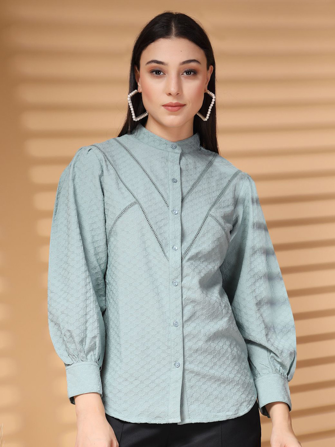 

plusS Women Standard Band Collar Solid Casual Shirt, Sea green