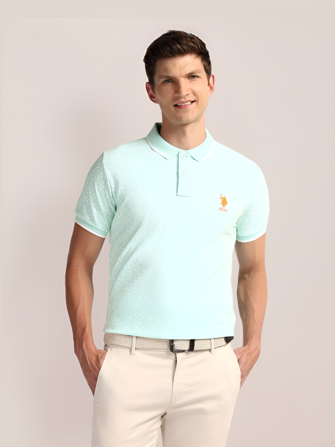 

U.S. Polo Assn. Men Floral Printed Polo Collar Cotton Slim Fit T-Shirt, Green