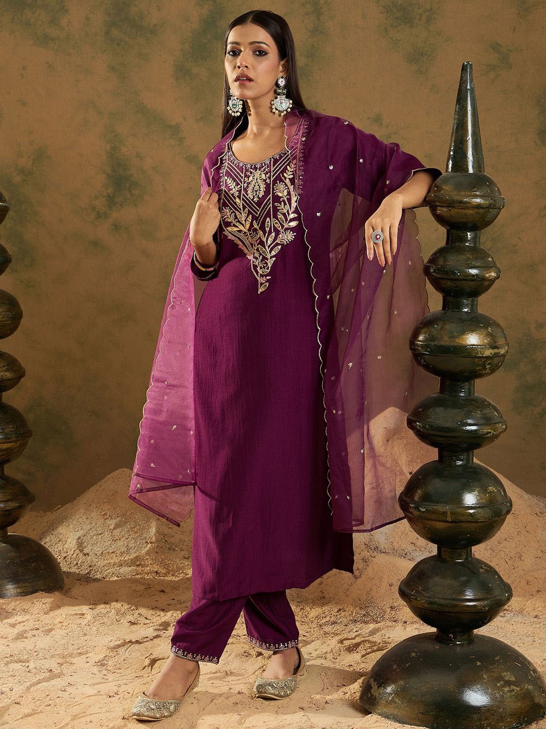 

Indo Era Ethnic Motifs Embroidered Sequinned Kurta With Trousers & Dupatta, Purple