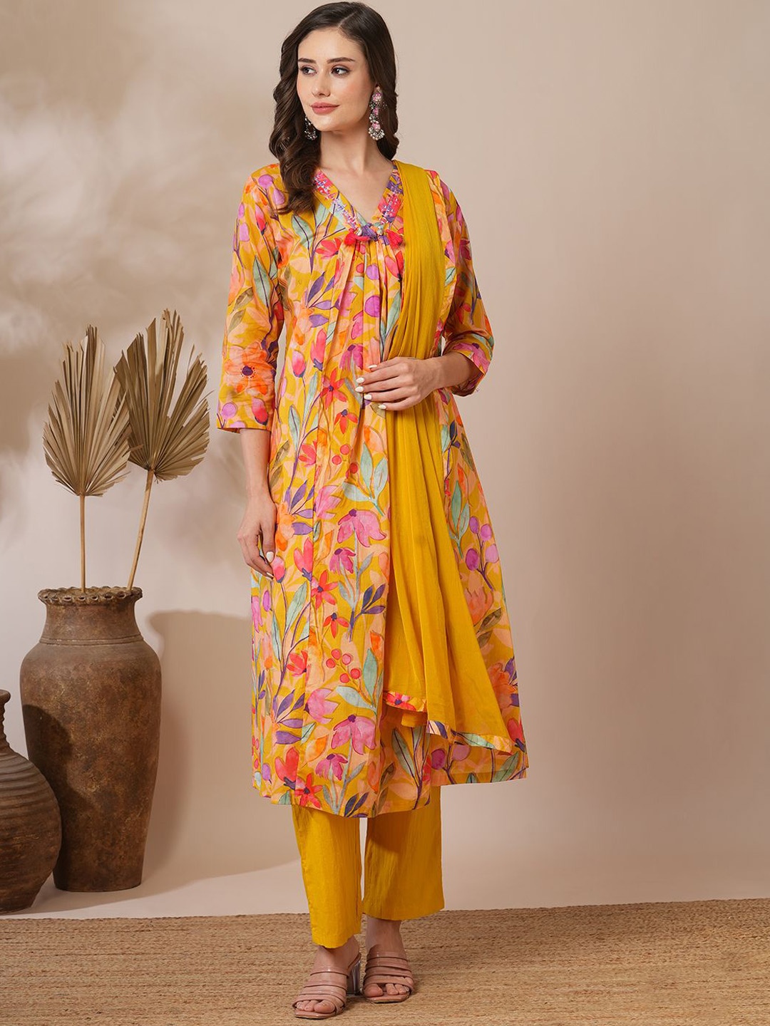 

FASHOR Floral Printed Mirror Work Pure Cotton A-Line Kurta With Trousers & Dupatta, Yellow