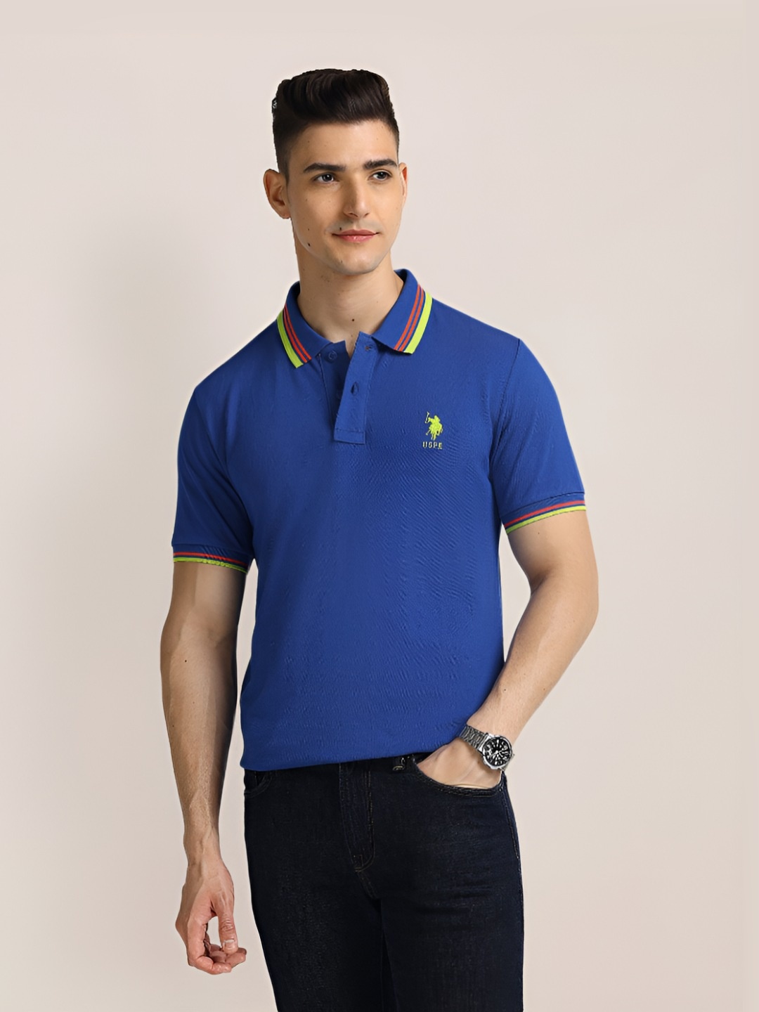 

U.S. Polo Assn. Men Solid Polo Collar Cotton Slim Fit T-Shirt, Blue