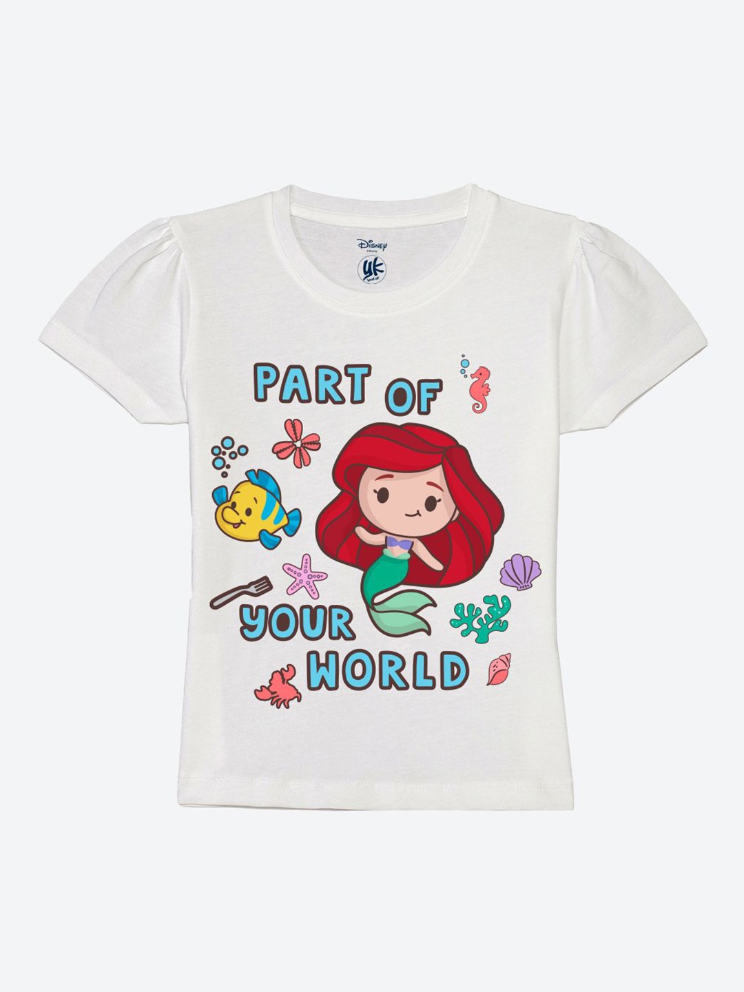 

YK Disney Girls Graphic Printed Round Neck Pure Cotton T-Shirt, White