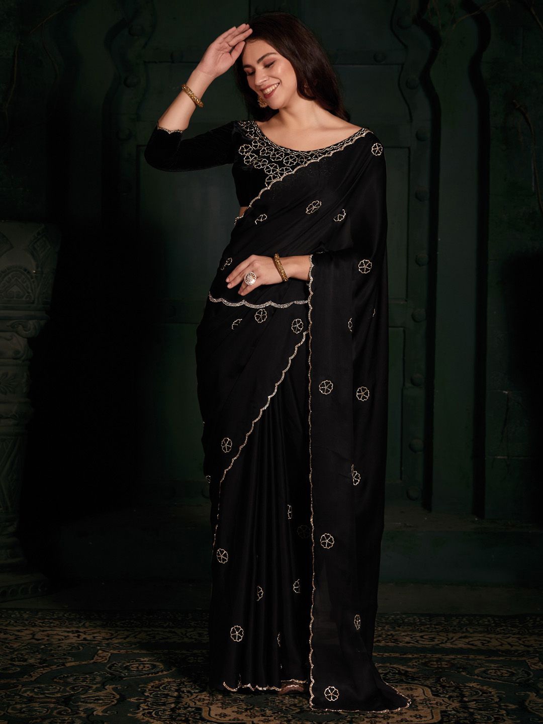 

Anouk Embellished Beads and Stones Satin Saree, Black