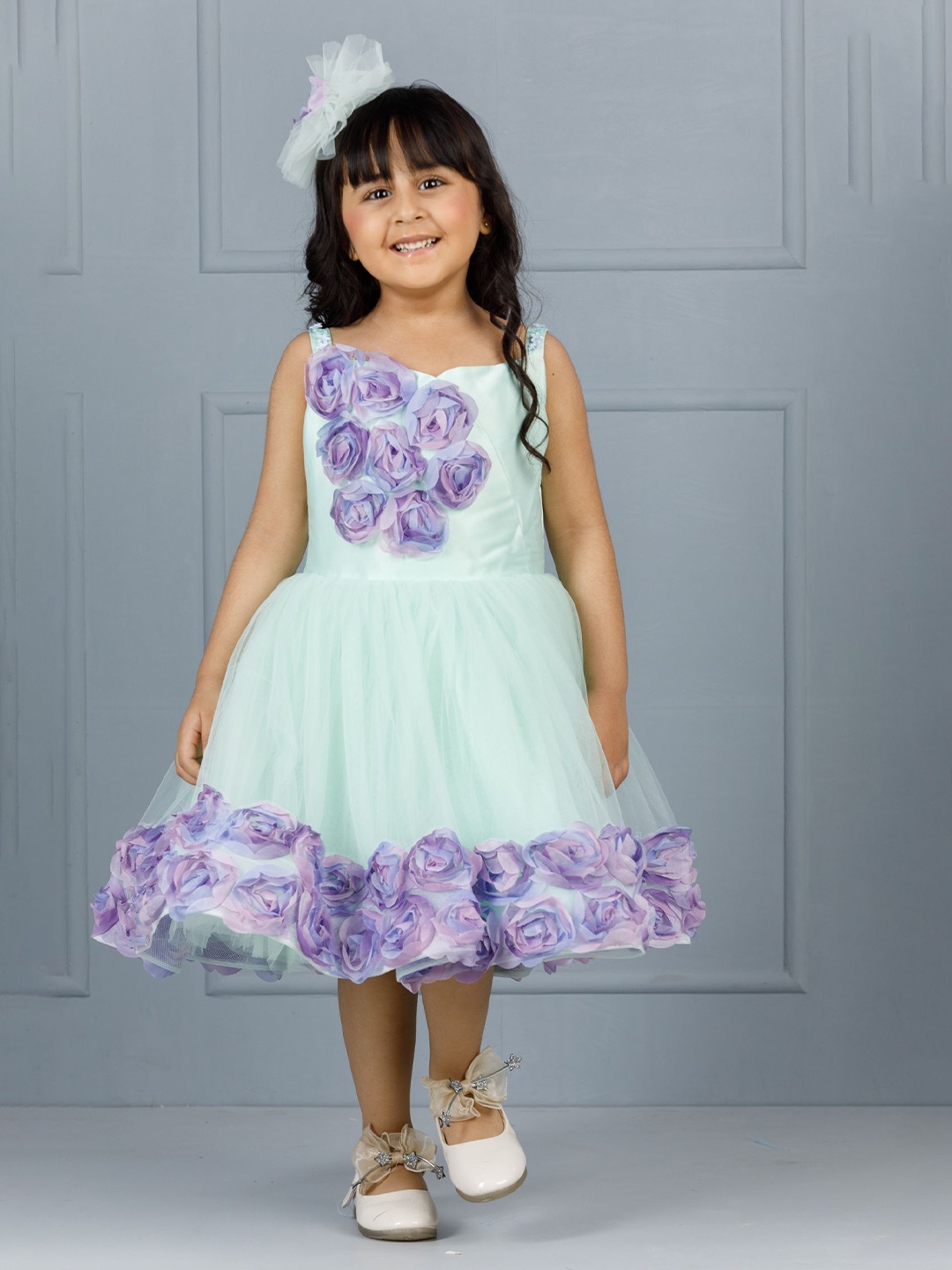 

The Lush Affair Girls Floral Net Fit & Flare Dress, Green