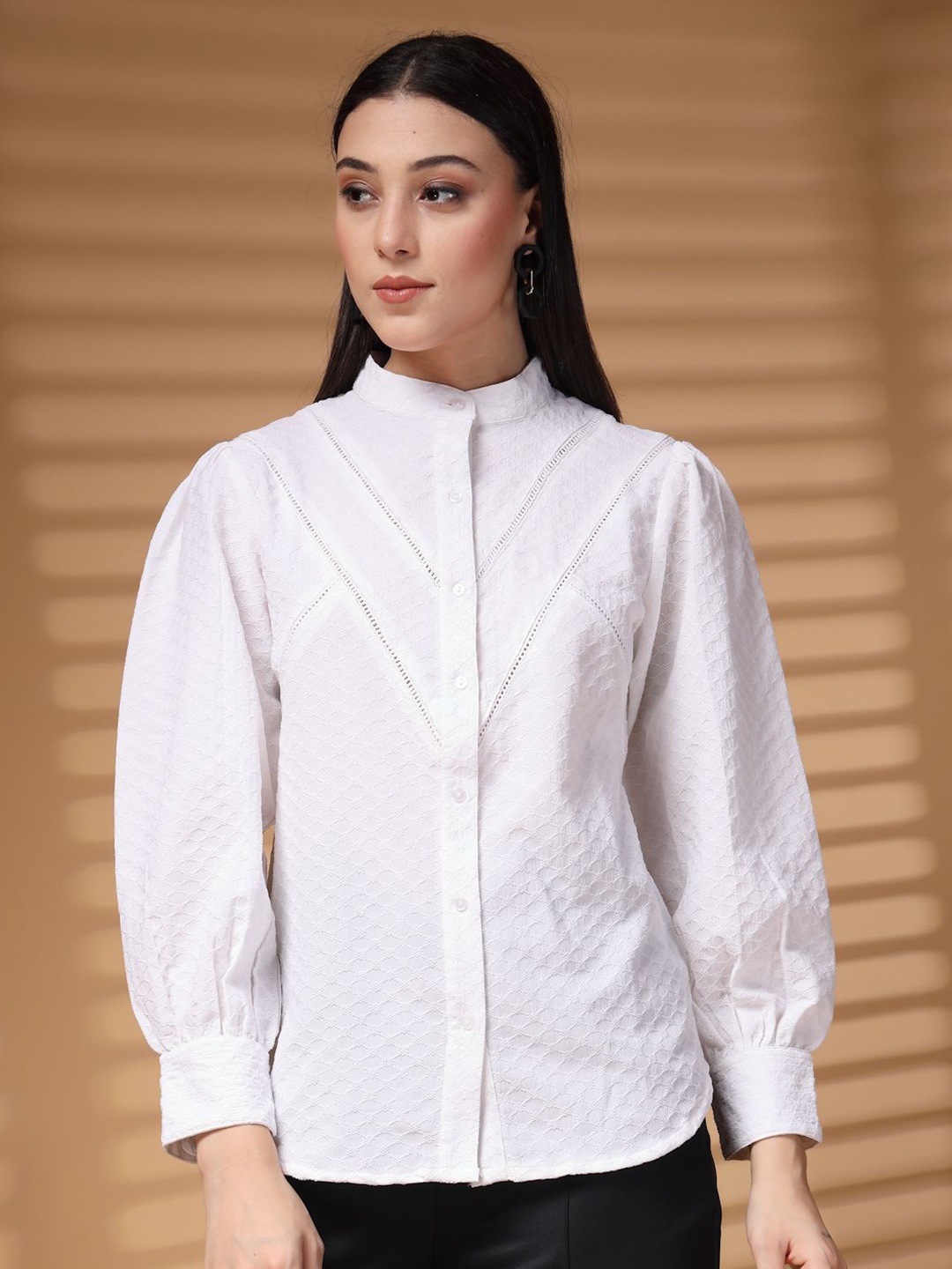 

plusS Women Standard Band Collar Solid Casual Shirt, White