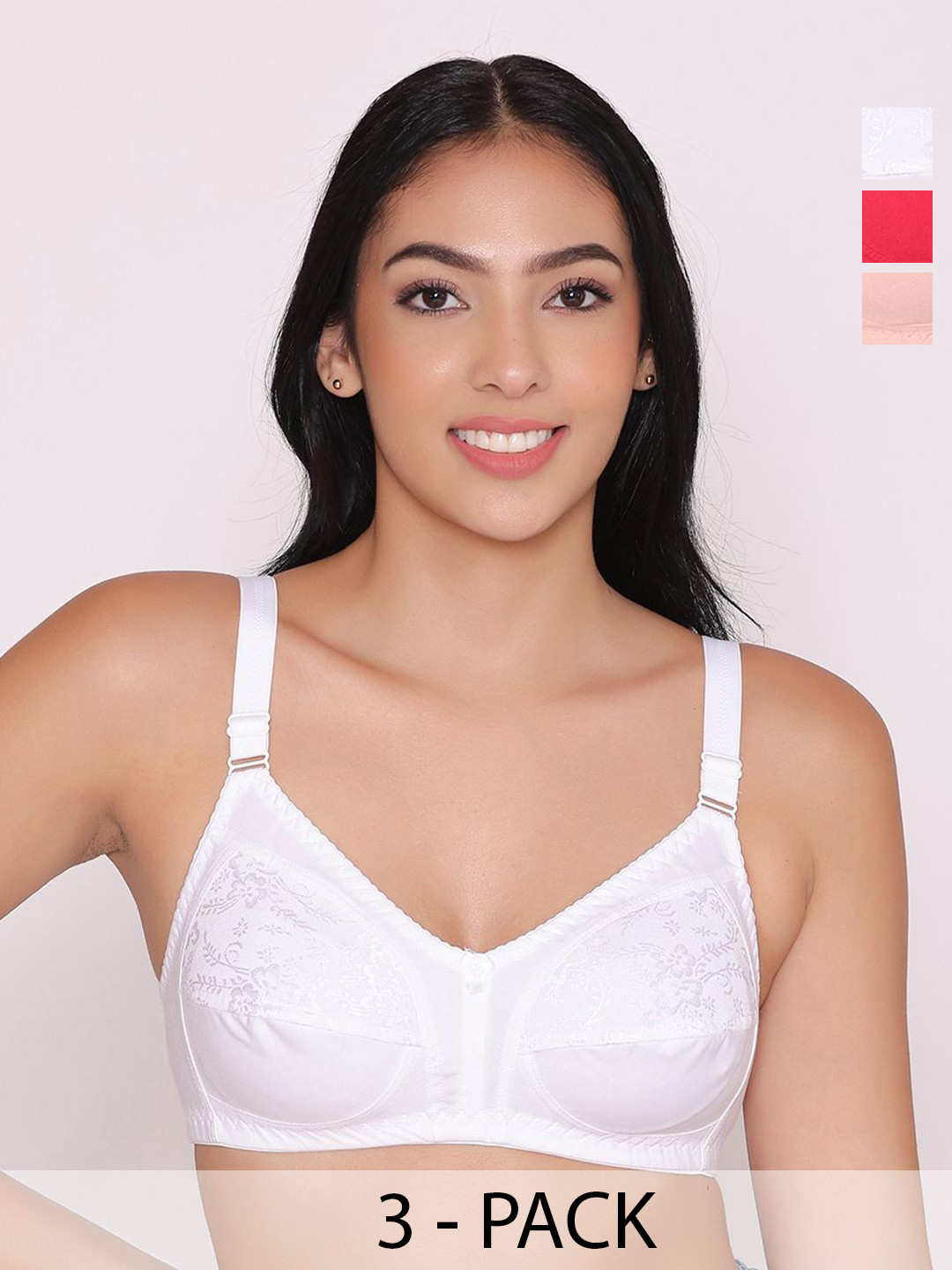 

INKURV Full Coverage Self Design Bra Pack of Three, White