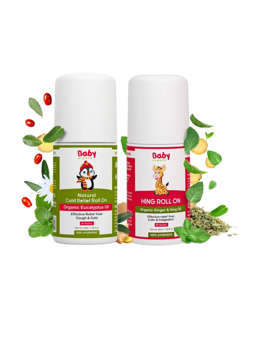 

BABYORGANO Set Of 2 Natural Cold Relief Roll On & Hing Roll On -40ml Each, Green