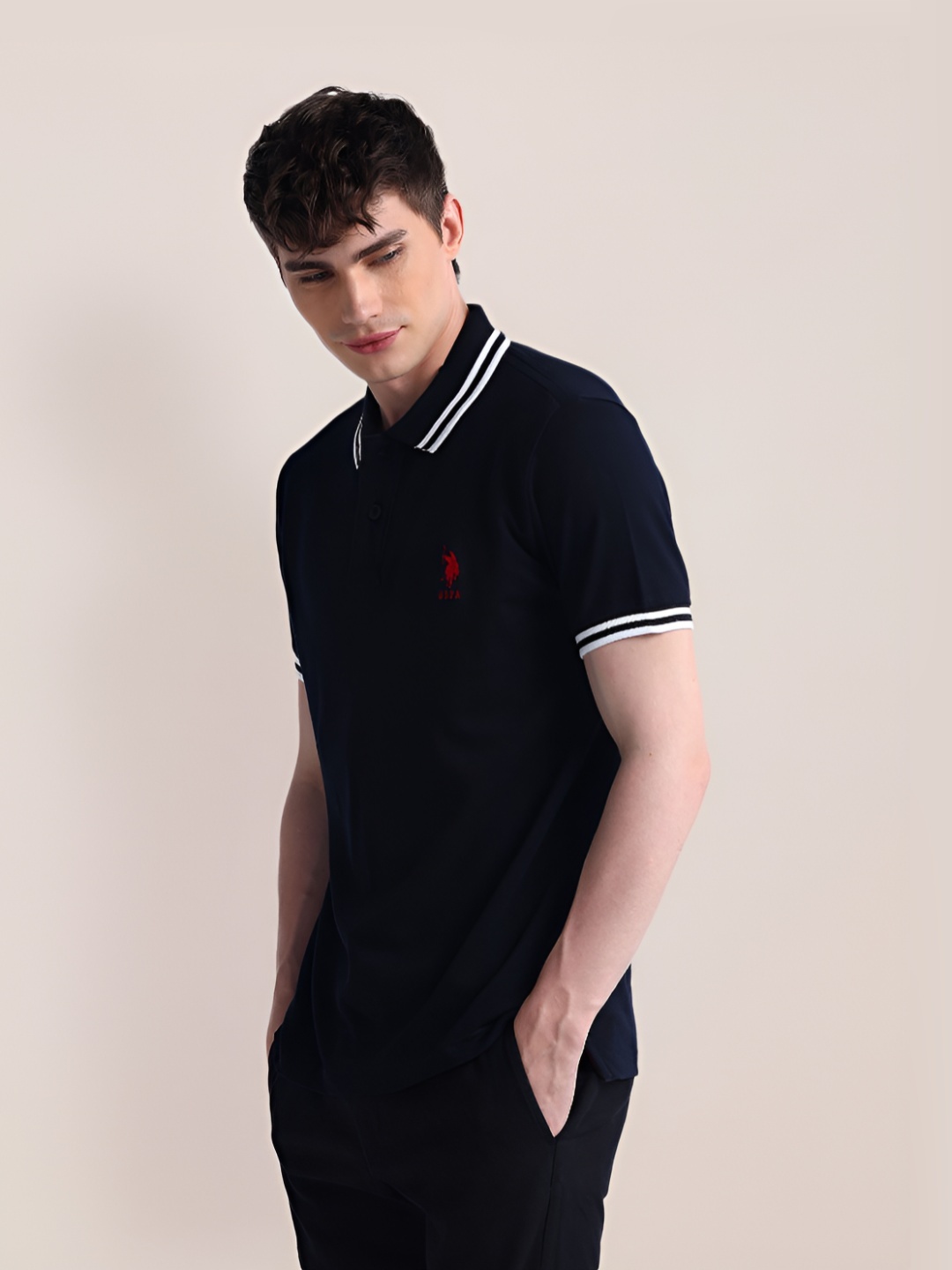 

U.S. Polo Assn. Men Solid Polo Collar Cotton Slim Fit T-Shirt, Blue