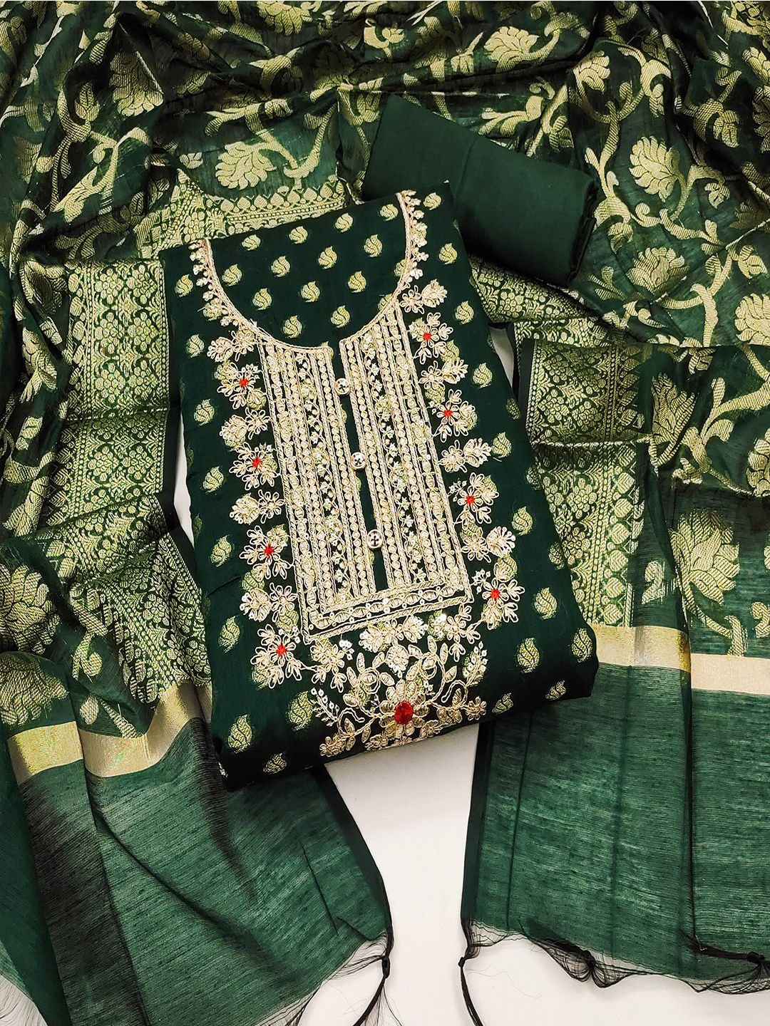 

Lilots Floral Woven Design Banarasi Silk Sequinned Dress Material, Green