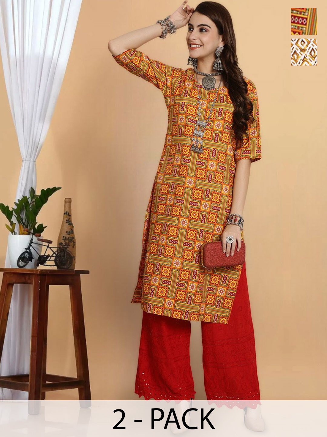 

7Threads Selection Of 2 Geometric Printed Round Neck Crepe Straight Kurta, Mustard
