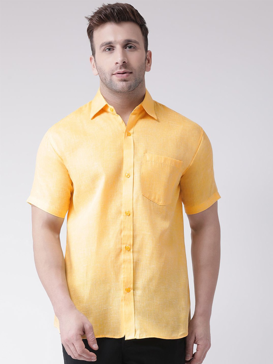 

KLOSET BY RIAG Men Classic Spread Collar Solid Cotton Linen Casual Shirt, Yellow