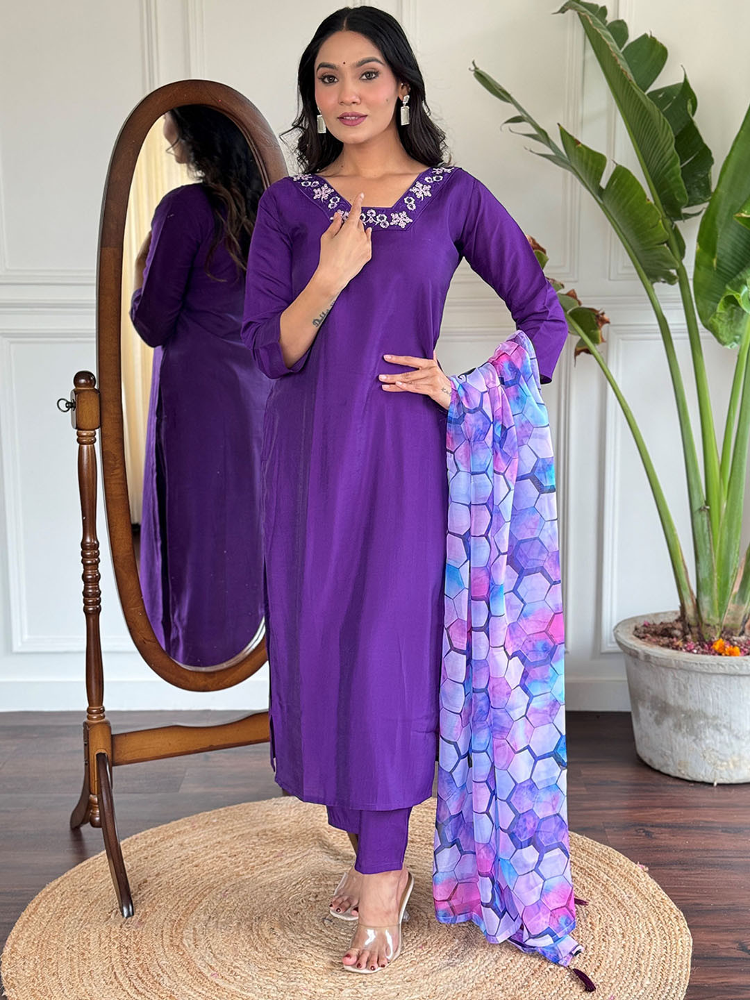 

KALINI Floral Yoke Design Thread Work Kurta with Trousers & Dupatta, Purple