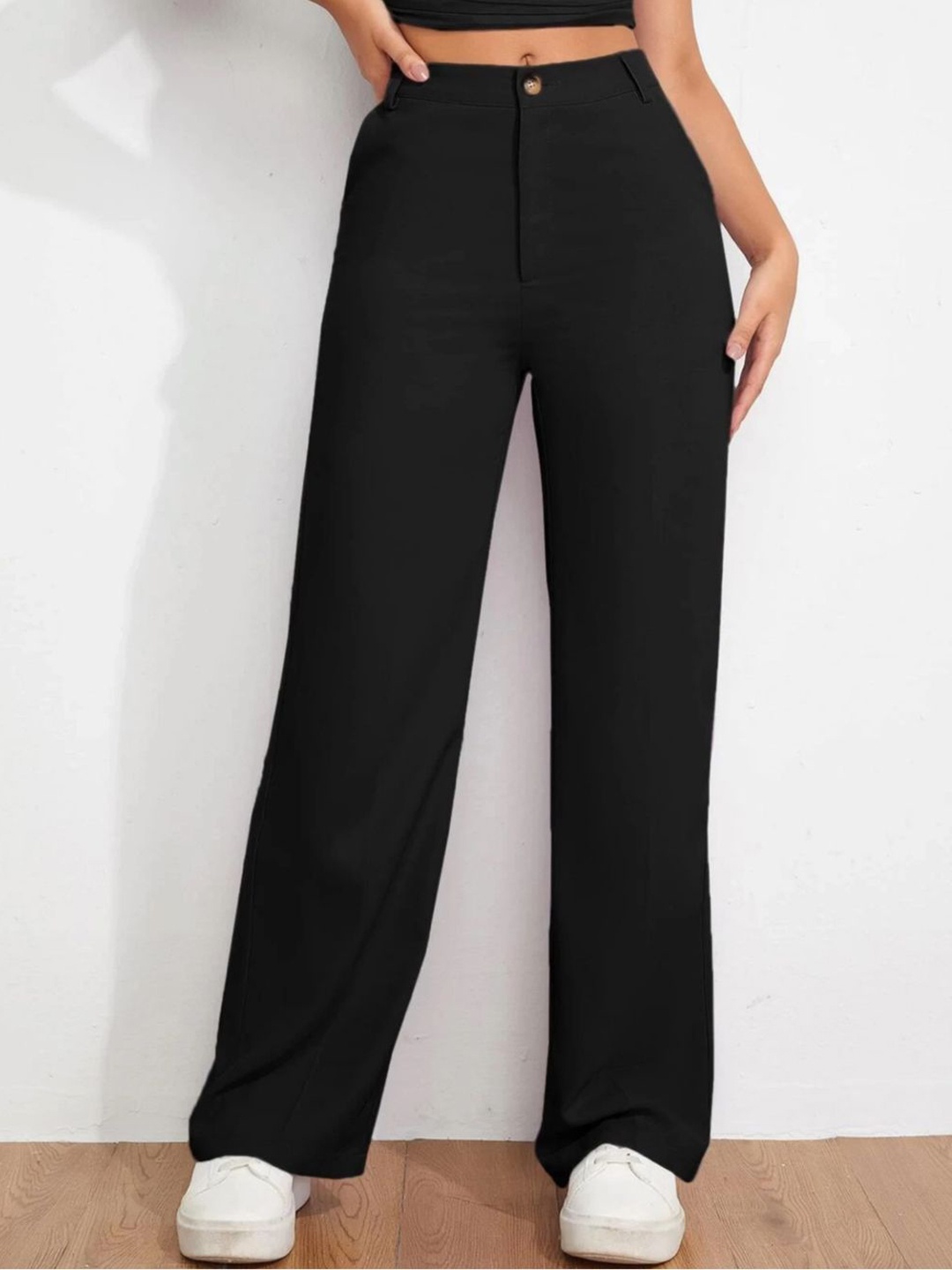 

BUY NEW TREND Women Relaxed Straight Fit High-Rise Trousers, Black