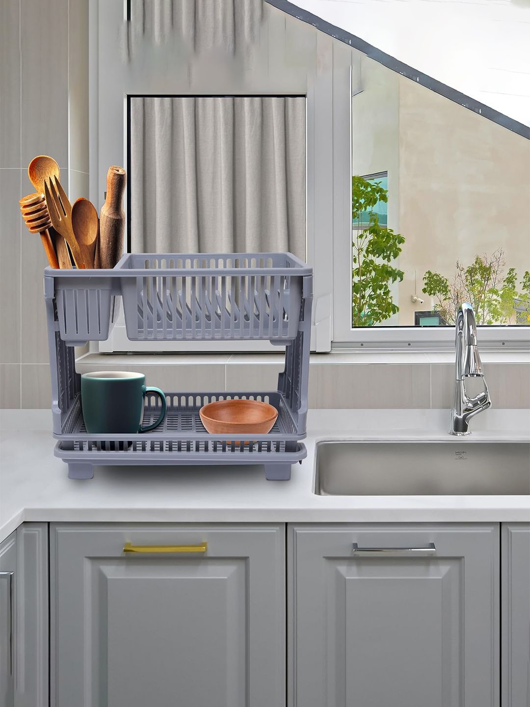 

Kuber Industries Grey Dish Rack With Drainer