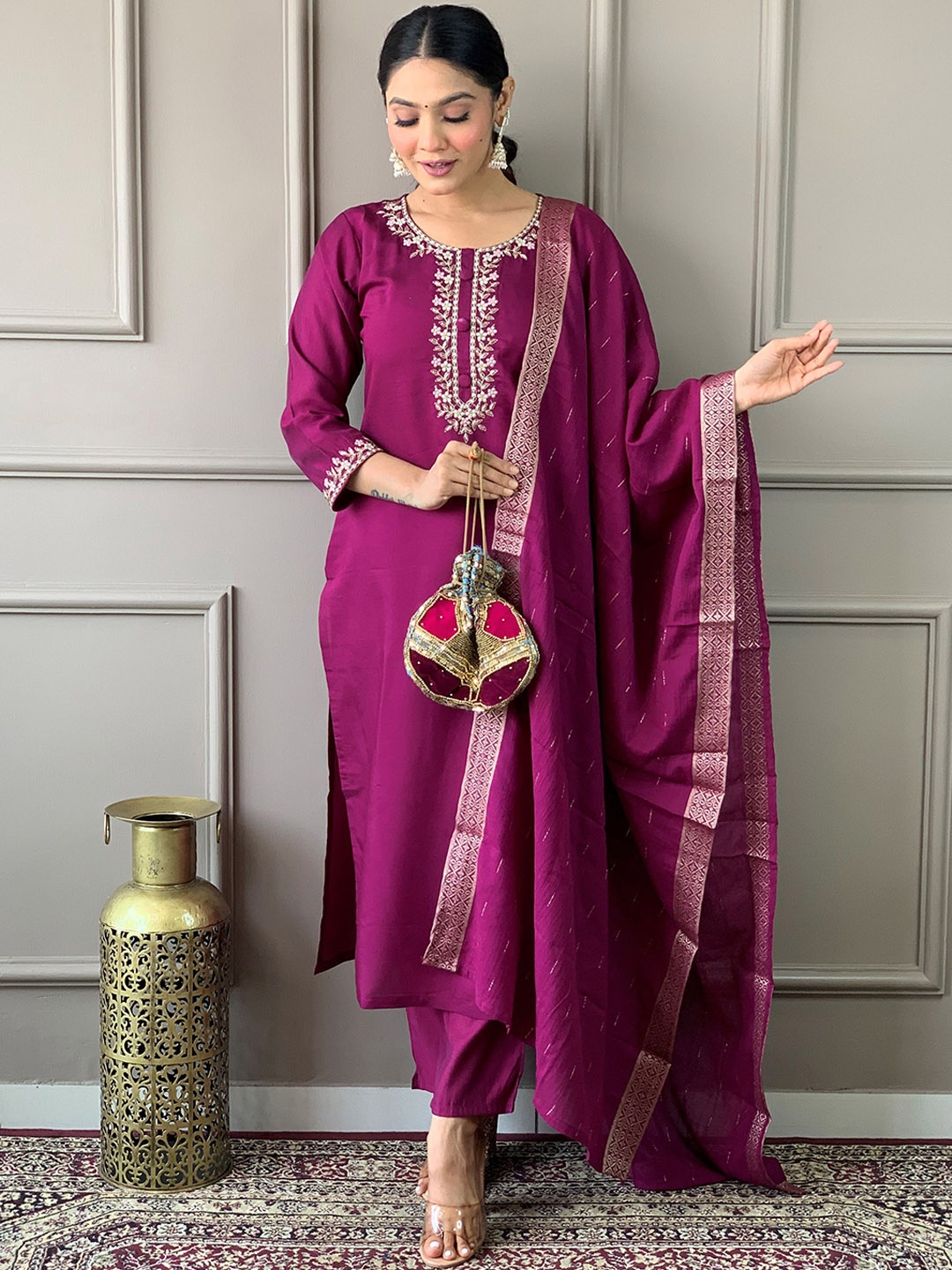 

KALINI Floral Yoke Design Beads and Stones Chanderi Silk Kurta with Trousers & Dupatta, Purple