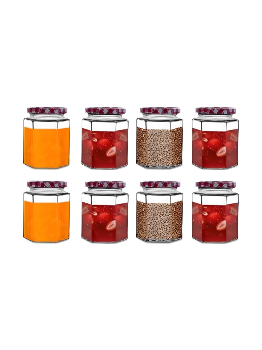 

CROCO JAR Transparent and Red 8 Pieces Hexagonal Shape Storage Glass Container 250ml