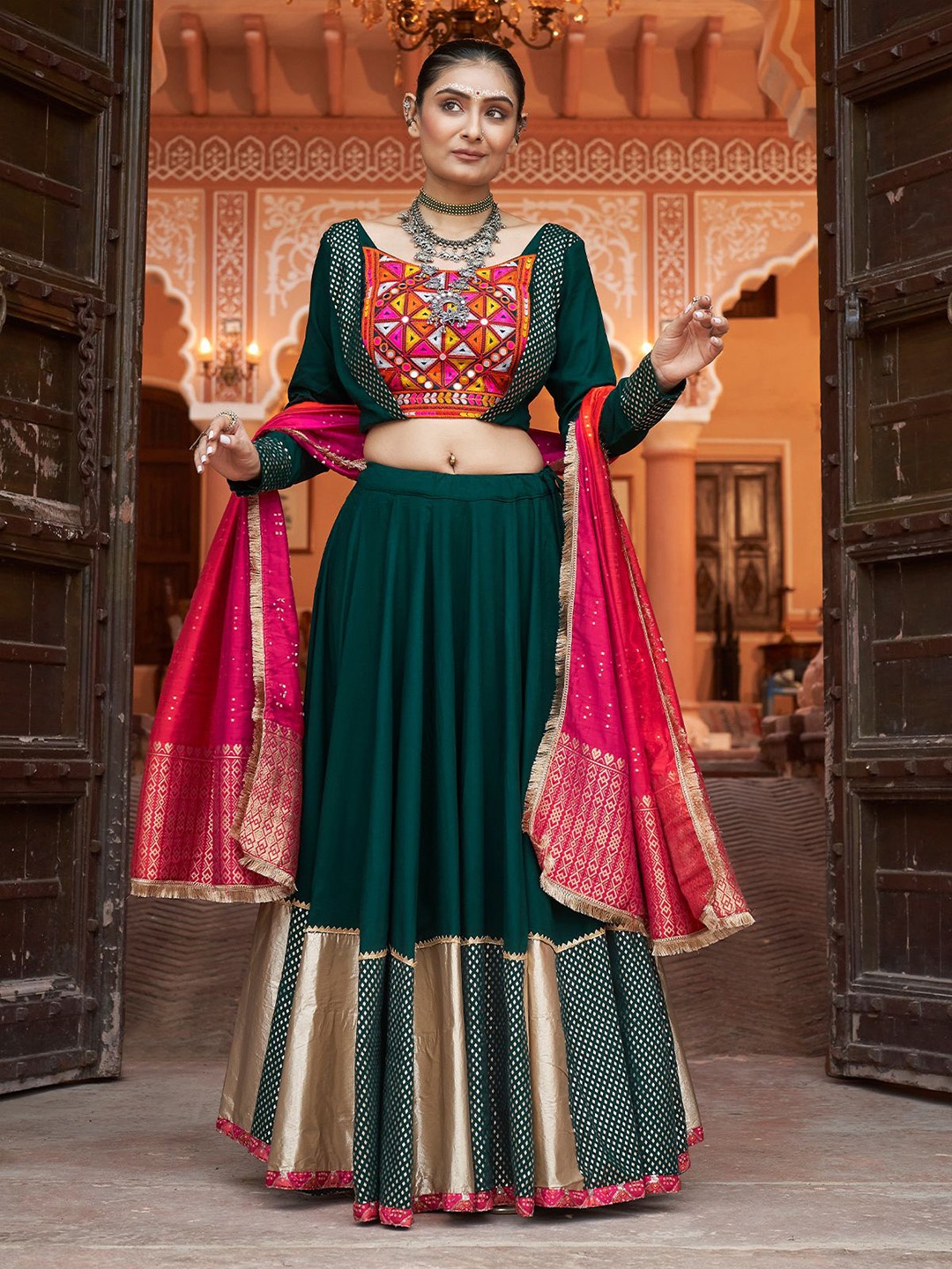 

ODETTE Embroidered Mirror Work Ready to Wear Lehenga & Blouse With Dupatta, Green