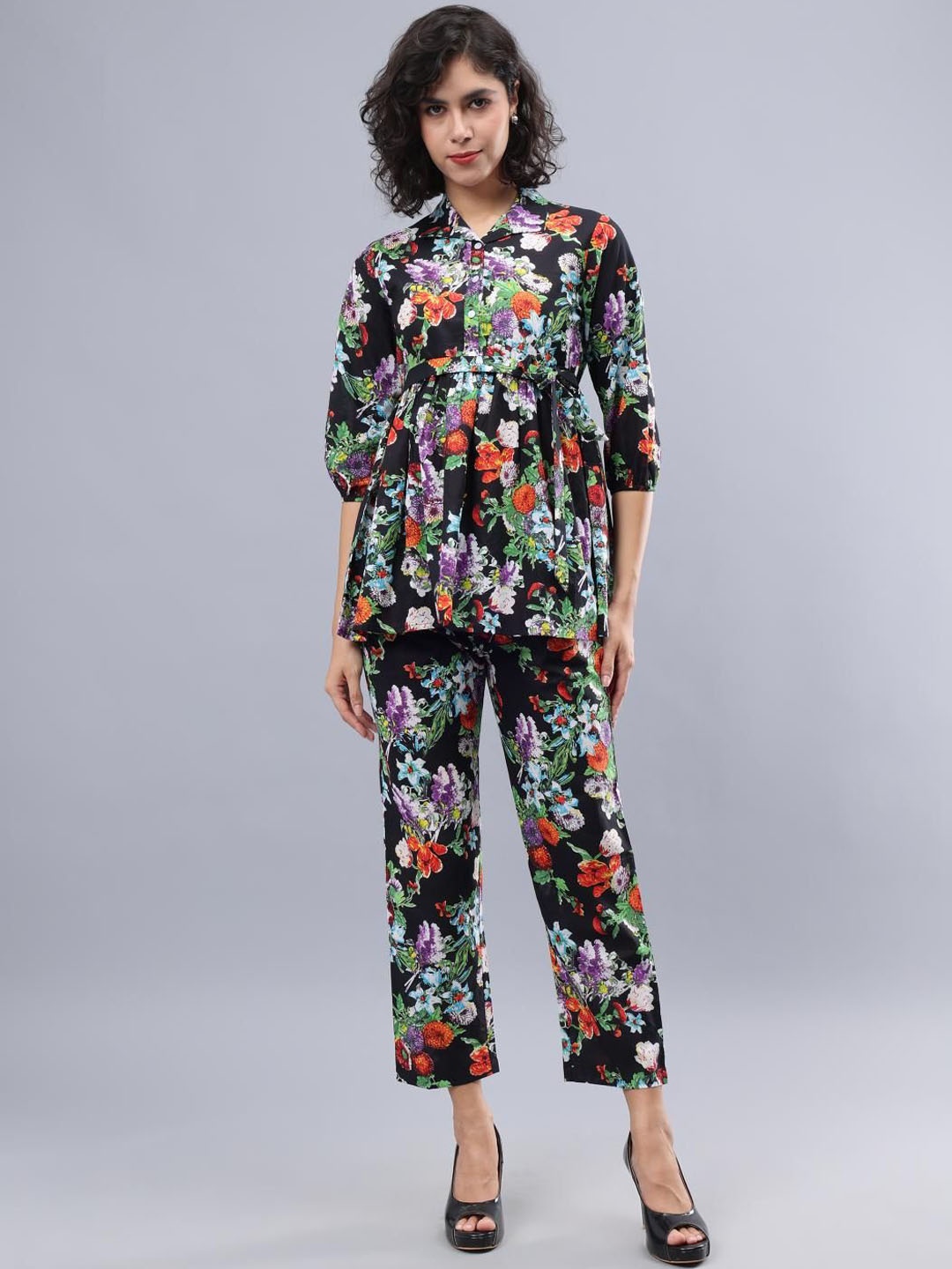 

CORDSET Printed Pure Cotton Tunic & Trousers, Black