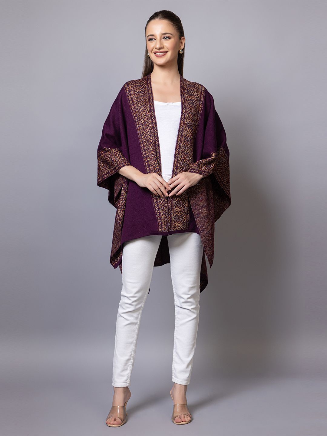 

Anouk Purple Ethnic Motifs Printed V-Neck Winter Open Front Shrug