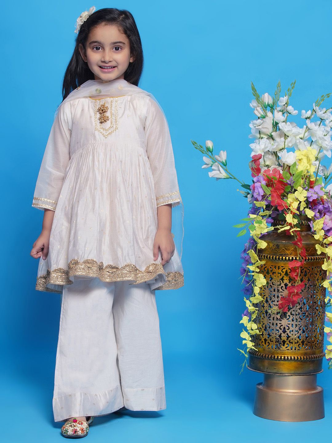 

Little Bansi Girls Woven Design Chanderi Cotton A-Line Kurta With Palazzos & Dupatta, Cream