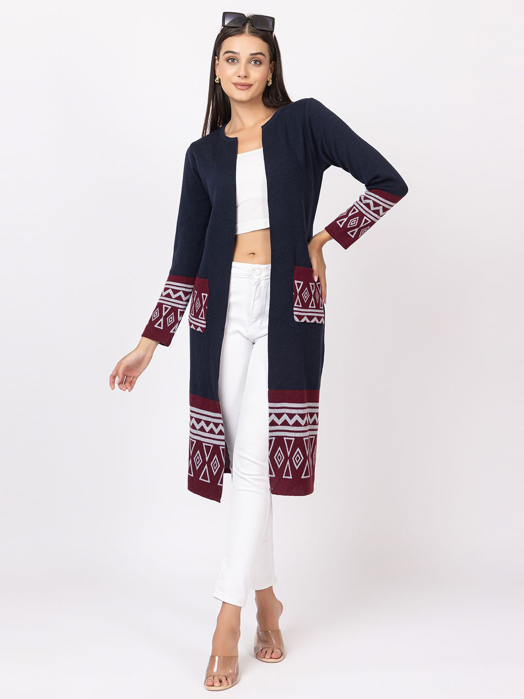 

Anouk Navy Blue Geometric Printed Winter Open Front Shrug