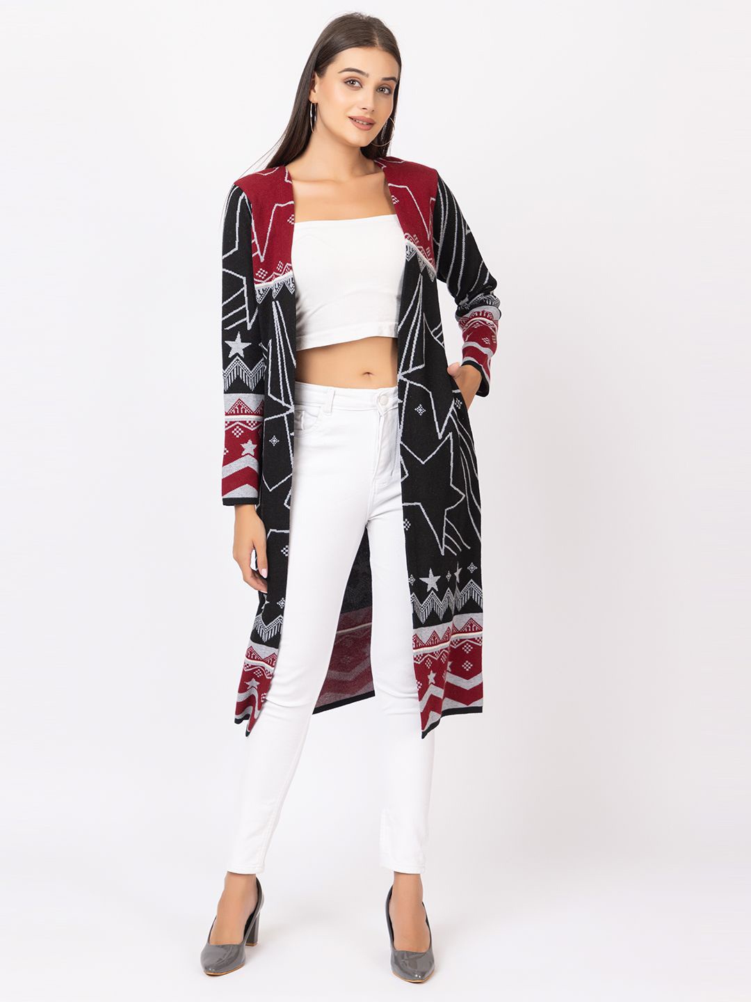 

Anouk Black geometric Printed Longline Winter Open Front Shrug