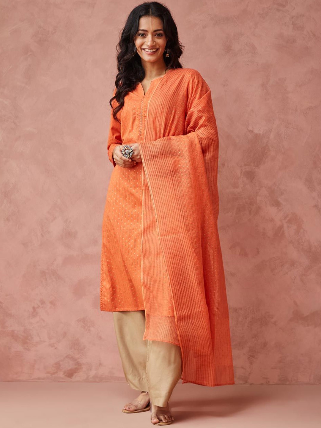 

Fabindia Ethnic Motifs Printed Notch Neck Straight Kurta With Dupatta, Orange