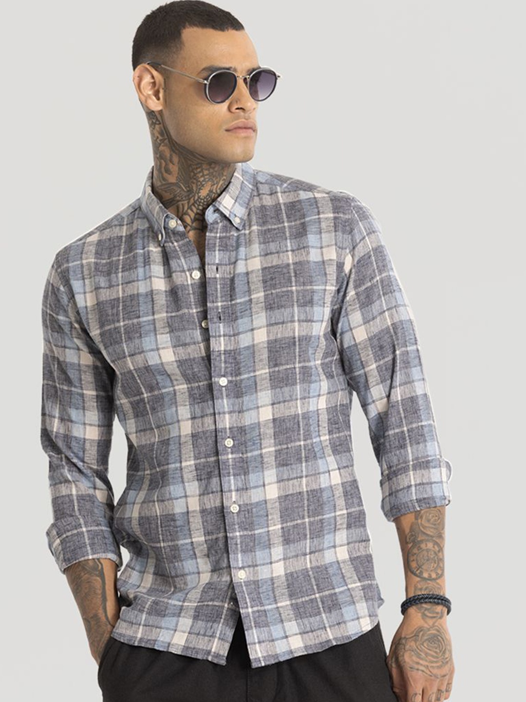 

Snitch Men Smart Button-Down Collar Tartan Checked Linen Slim Fit Casual Shirt, Grey