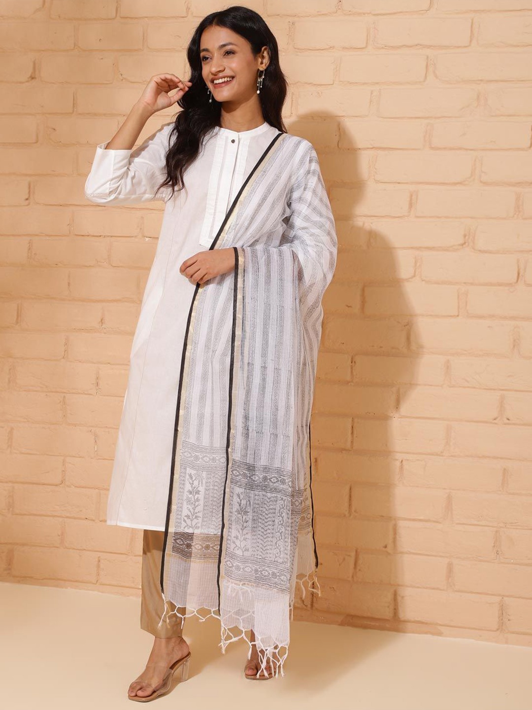 

Fabindia Striped Cotton Silk Block Print Dupatta with Zari, Off white